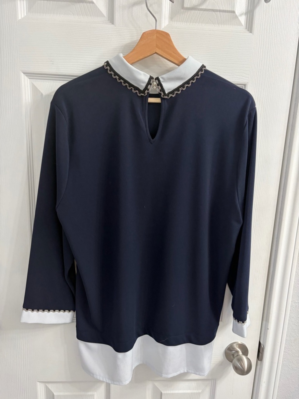 Karl Lagerfeld Navy Top with White Rounded Collar with Beaded Embellishment - Picture 4 of 4